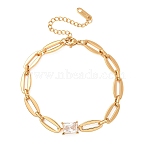 304 Stainless Steel & Cubic Zirconia Link Bracelets, Paperclip Chain Bracelets for Women, Rectangle, Golden, 6.99 inch(17.75cm)(SA-CBAF756-06G)