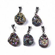 Electroplate Natural Druzy Agate Pendants, with Platinum Tone Brass Pinch Bail, Dyed, Teardrop, Colorful, 28~39.5x14~22x9~16mm, Hole: 4x5.5mm(G-S359-182)