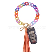 Chain Link Wristlet Keychain, Acrylic Bracelet Tassel Keychain, with Alloy Findings, Orange, 28.5cm(HJEW-SW00014-07)