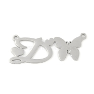 Non-Tarnish 304 Stainless Steel Pendants, Letter & Butterfly Charms, Letter D, 11x29x0.9mm, Hole: 1.2mm(STAS-L279-002P-D)