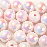 UV Plating Rainbow Iridescent Acrylic Beads, Round with Heart Pattern, Pink, 16x15mm, Hole: 3mm(OACR-F004-09B)