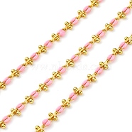 Brass Enamel Link Chains, wiht Spool, Long-Lasting Plated, Soldered, Lead Free & Cadmium Free, Pink, Links: 9x4.5x2mm(CHC-L050-07G-02)