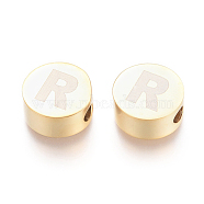 304 Stainless Steel Beads, Flat Round with Letter, Letter.R, 10x4.5mm, Hole: 2mm(STAS-I126-02G-R)