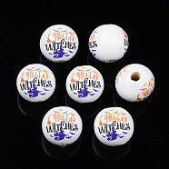Halloween Printed Natural Wood Beads, Round with Bat & Word Hello Witches, Dark Slate Blue, 15.5x14.5mm, Hole: 4mm(WOOD-S057-092)