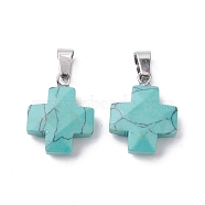 Synthetic Turquoise Pendants, Cross Charms with Stainless Steel Color Plated Stainless Steel Snap on Bails, 20~20.5x15.5~16.5x6~7mm, Hole: 7x4.5mm(G-K359-02P-02)