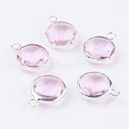 Silver Color Plated Brass Glass Flat Round Charms, Faceted, Pearl Pink, 12x8.5x3mm, Hole: 1.5mm(GLAA-M003-A-10S)