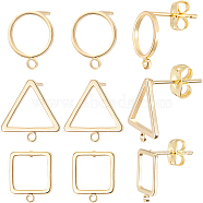 24Pcs 3 Style Square & Triangle & Ring Brass Stud Earring Findings, with Horizontal Loops & 24Pcs Friction Ear Nuts, Real 18K Gold Plated, 12~12.5x10~12x1~2mm, Hole: 1~1.4mm, Pin: 0.7~0.8mm, 8Pcs/style(KK-BBC0012-84)