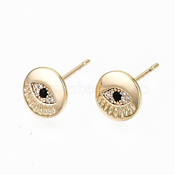 Brass Micro Pave Cubic Zirconia Stud Earrings, Nickel Free, Flat Round with Eye, Real 18K Gold Plated, 8mm, Pin: 0.7mm(KK-S356-147G-NF)