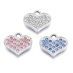 Alloy Charms, with Rhinestone, Cadmium Free & Nickel Free & Lead Free, Heart, Platinum, Mixed Color, 13.5x15x2mm, Hole: 2mm(PALLOY-N170-005-P-NR)