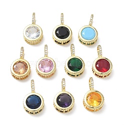 Brass Pave Cubic Zirconia Pendants, Flat Round Charms, Long-Lasting Plated, Rack Plating, Lead Free & Cadmium Free, Real 18K Gold Plated, Mixed Color, 21x12x7.8mm, Hole: 5x7mm(CU-CBA6980-08G)