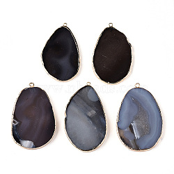 Natural Grey Agate Big Pendants, Golden Plated Brass Findings, Teardrop Charms, 57.5~68x36.5~43.5x5~6.5mm, Hole: 2.5mm(KK-F882-01G)