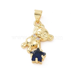 Brass Micro Pave Cubic Zirconia Pendants, Bear with Star Charm, Golden, Prussian Blue, 27x15x4.5mm, Hole: 5x4mm(KK-E074-03G-04)