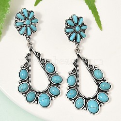 Alloy Synthetic Turquoise Dangle Stud Earrings, Teardrop & Flower, Antique Silver, 80x35.5mm(EJEW-U053-12AS)