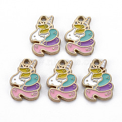 Alloy Enamel Pendants, Light Gold, Cadmium Free & Nickel Free & Lead Free, Unicorn, Colorful, 17x12x1.5mm, Hole: 1.4mm(ENAM-N055-012B-NR)