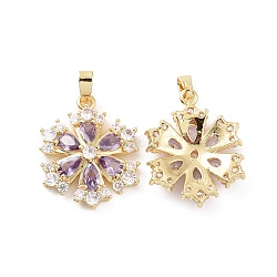 Real 18K Gold Plated Brass Micro Pave Clear Cubic Zirconia Pendants, Flower Charms, Lilac, 22x17.5x4.5mm, Hole: 5x2.5mm(KK-E068-VC402)