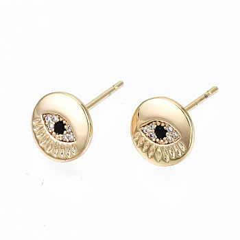 Brass Micro Pave Cubic Zirconia Stud Earrings, Nickel Free, Flat Round with Eye, Real 18K Gold Plated, 8mm, Pin: 0.7mm
