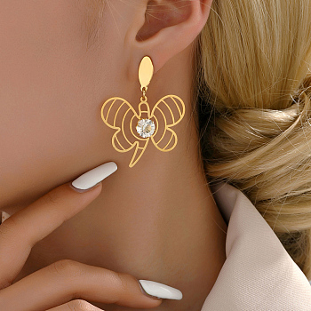 Elegant Gold Plated Tassel Butterfly Earrings with Water Diamond Insets, 18K Gold Plated