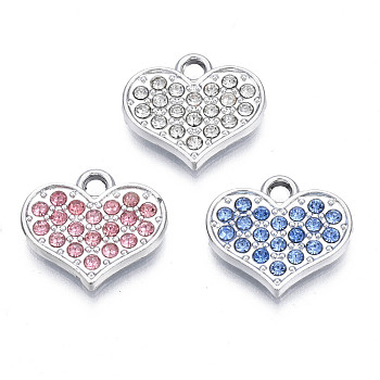 Alloy Charms, with Rhinestone, Cadmium Free & Nickel Free & Lead Free, Heart, Platinum, Mixed Color, 13.5x15x2mm, Hole: 2mm