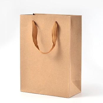 Rectangle Kraft Paper Bags, Gift Bags, Shopping Bags, Brown Paper Bag, with Nylon Cord Handles, BurlyWood, 40x30x10cm
