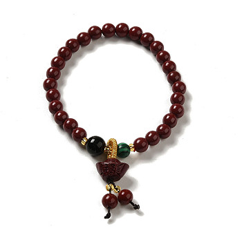6mm Round Cinnabar Mala Stretch Bracelets, with Synthetic Malachite and Natural Agate, Shoe-Shaped Silver Ingot, Inner Diameter: 2 inch(4.95~5.1cm)