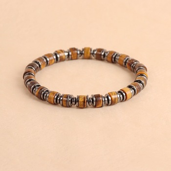 Vintage Natural Tiger Eye & Synthetic Non-magnetic Hematite Beads Stretch Bracelets for Women Men, Column, 7.09 inch(18cm)