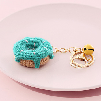 Cotton Crochet Food Keychain, with Iron Key Rings & Lobster Claw Clasps & Bell, Donut, 13x4.8cm