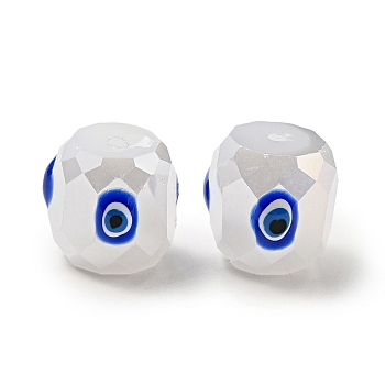 Opaque Glass Beads, with Enamel, Faceted, Drum with Evil Eye Pattern, Blue, 10.5x10.5mm, Hole: 1.6mm