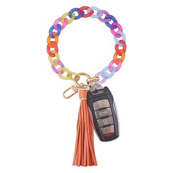 Chain Link Wristlet Keychain, Acrylic Bracelet Tassel Keychain, with Alloy Findings, Orange, 28.5cm