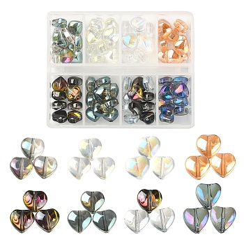 80Pcs 8 Style Transparent Electroplate Glass Beads Strands, Heart, Mixed Style, Mixed Color, 7~8x8x4.5mm, Hole: 0.8mm, 10Pcs/style