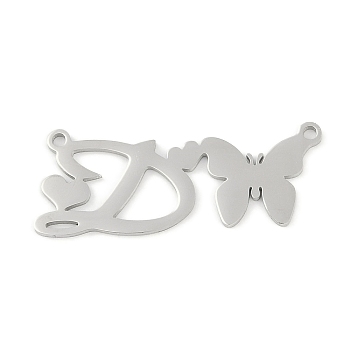 Non-Tarnish 304 Stainless Steel Pendants, Letter & Butterfly Charms, Letter D, 11x29x0.9mm, Hole: 1.2mm