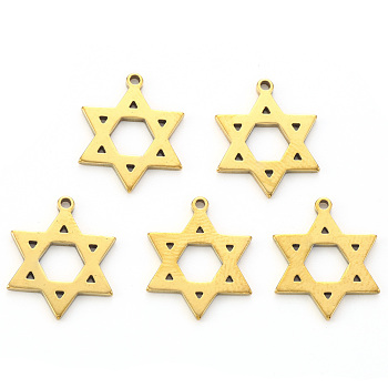 Religion Theme, Vacuum Plating 304 Stainless Steel Pendants, Laser Cut, for Jewish, Star of David, Golden, 17x14x1mm, Hole: 1.2mm