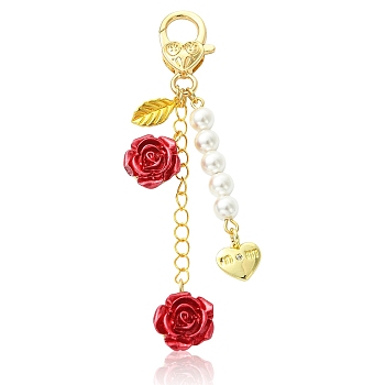 Resin & Alloy & Shell Pearl Pendant Decorations, Flower, with Alloy Lobster Claw Clasps, Golden, 96mm
