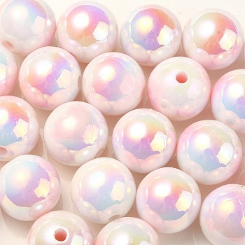 UV Plating Rainbow Iridescent Acrylic Beads, Round with Heart Pattern, Pink, 16x15mm, Hole: 3mm