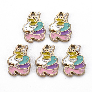 Alloy Enamel Pendants, Light Gold, Cadmium Free & Nickel Free & Lead Free, Unicorn, Colorful, 17x12x1.5mm, Hole: 1.4mm