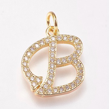 Brass Micro Pave Cubic Zirconia Letter Pendants, Letter.B, 13x16x2mm, Hole: 3mm
