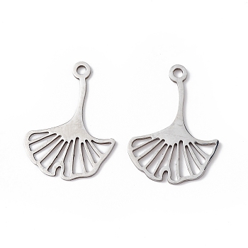 304 Stainless Steel Pendants, Ginkgo Leaf Charm, Stainless Steel Color, 25x18x1mm, Hole: 1.8mm