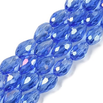 Transparent Electroplate Glass Beads Strands, AB Color Plated, Faceted, Teardrop, Royal Blue, 5~6x4mm, Hole: 0.9mm, about 65~67pcs/strand, 15.35~16.4''(39~41cm)