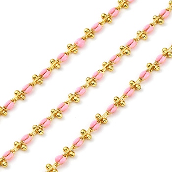 Brass Enamel Link Chains, wiht Spool, Long-Lasting Plated, Soldered, Lead Free & Cadmium Free, Pink, Links: 9x4.5x2mm