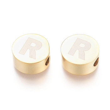 304 Stainless Steel Beads, Flat Round with Letter, Letter.R, 10x4.5mm, Hole: 2mm