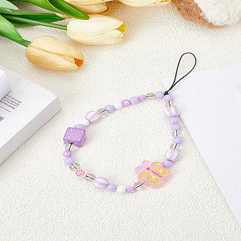 1Pc Acrylic Nylon Rope Phone Hand Strap Chains, Butterfly, Lilac, 200mm