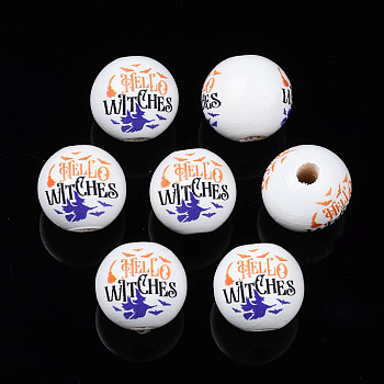 Halloween Printed Natural Wood Beads, Round with Bat & Word Hello Witches, Dark Slate Blue, 15.5x14.5mm, Hole: 4mm