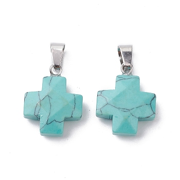 Synthetic Turquoise Pendants, Cross Charms with Stainless Steel Color Plated Stainless Steel Snap on Bails, 20~20.5x15.5~16.5x6~7mm, Hole: 7x4.5mm