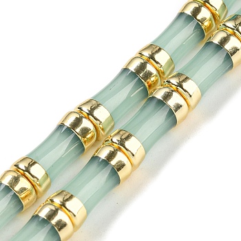 Glass Beads, with Golden Tone Brass Ends, Bamboo Stick, Aqua, 12.7x6mm, Hole: 1.1mm, about 30pcs/strand, 14.96 inch(38cm)