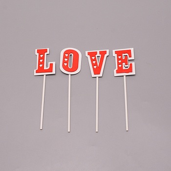 3D Wood Cake Insert Card, Word LOVE, Cake Decor Birthday Party Decoration, Red, 130~134x32.5~36.5x6~6.5mm, 4pcs/set