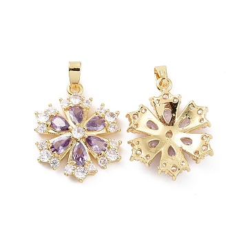 Real 18K Gold Plated Brass Micro Pave Clear Cubic Zirconia Pendants, Flower Charms, Lilac, 22x17.5x4.5mm, Hole: 5x2.5mm