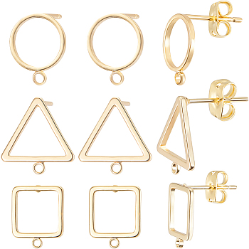 24Pcs 3 Style Square & Triangle & Ring Brass Stud Earring Findings, with Horizontal Loops & 24Pcs Friction Ear Nuts, Real 18K Gold Plated, 12~12.5x10~12x1~2mm, Hole: 1~1.4mm, Pin: 0.7~0.8mm, 8Pcs/style