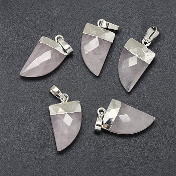 Natural Rose Quartz Pendants, with Long-Lasting Plated Brass Findings, Faceted, Scabbard, Silver Color Plated, 19.5x11x5mm, Hole: 3.5x5.5mm