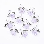 10Pcs Acrylic & Imitation Pearl Flower Angel Pendants, with Alloy Wings and Brass Findings, Antique Silver & Platinum, Plum, 20mm, Hole: 2.2mm, 10pcs/set(PALLOY-YW00055-01)