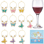 10Pcs 10 Styles Butterfly Alloy Enamel Charms Wine Glass Charms, with Brass Rhinestone & Glass Pearl Round Bead , Mixed Color, 44~52mm, 1pc/style(AJEW-SC00043)