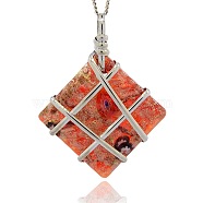 Handmade Foil Glass Big Pendants, Gold Sand and Millefiori, with Platinum Plated Brass Findings, Rhombus Necklace Big Pendants, OrangeRed, 63x50x14mm, Hole: 6x8mm(PALLOY-J355-06A)